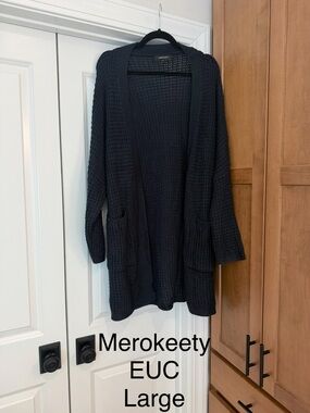 Merokeety Women's Black Open-Front Waffle Knit Cardigan - Large